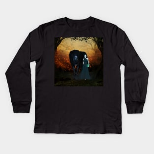 Awesome wolf with fairy in the dark night Kids Long Sleeve T-Shirt